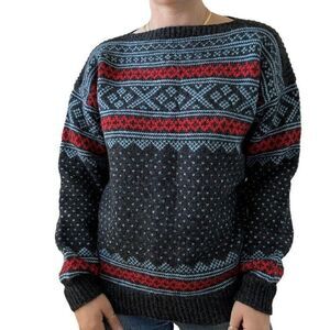 Vintage Womens Hand Knit Gray 100% Wool Norwegian Fair Isle Birdseye Sweater XL